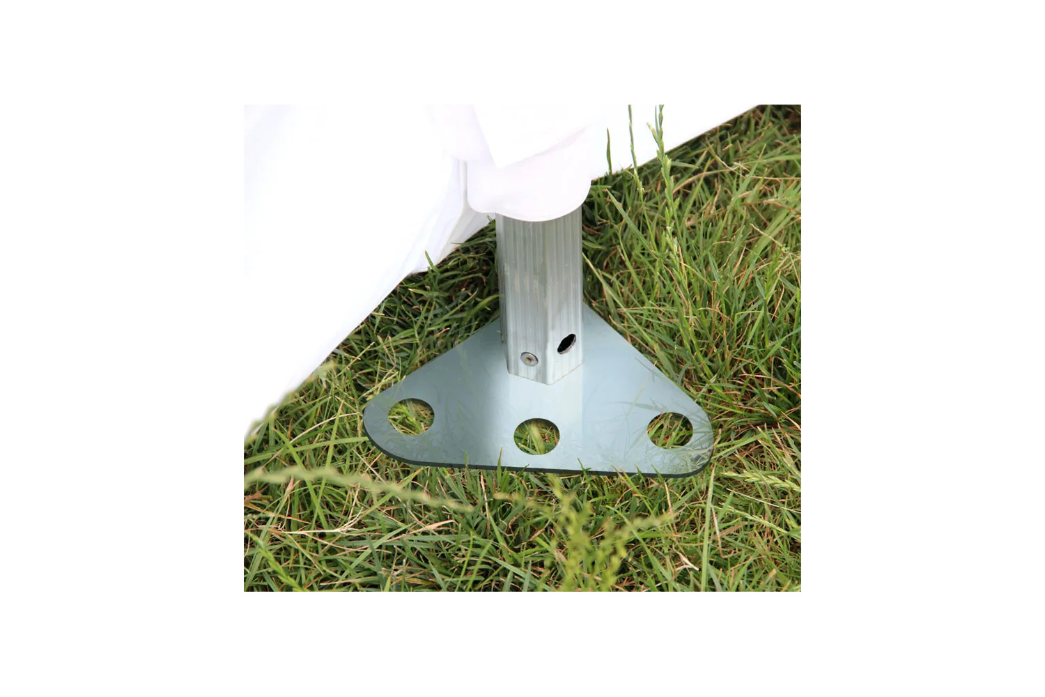 Steel foot plate and base detail for 10x10 canopy tent rental Winnipeg Manitoba