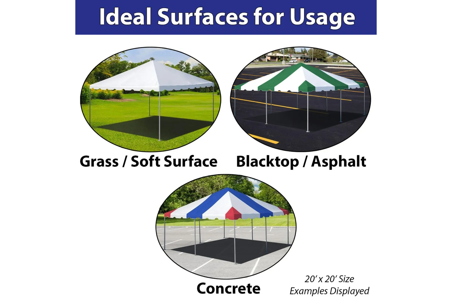 Ideal surfaces for 20x20 frame party tent rental including grass asphalt and concrete