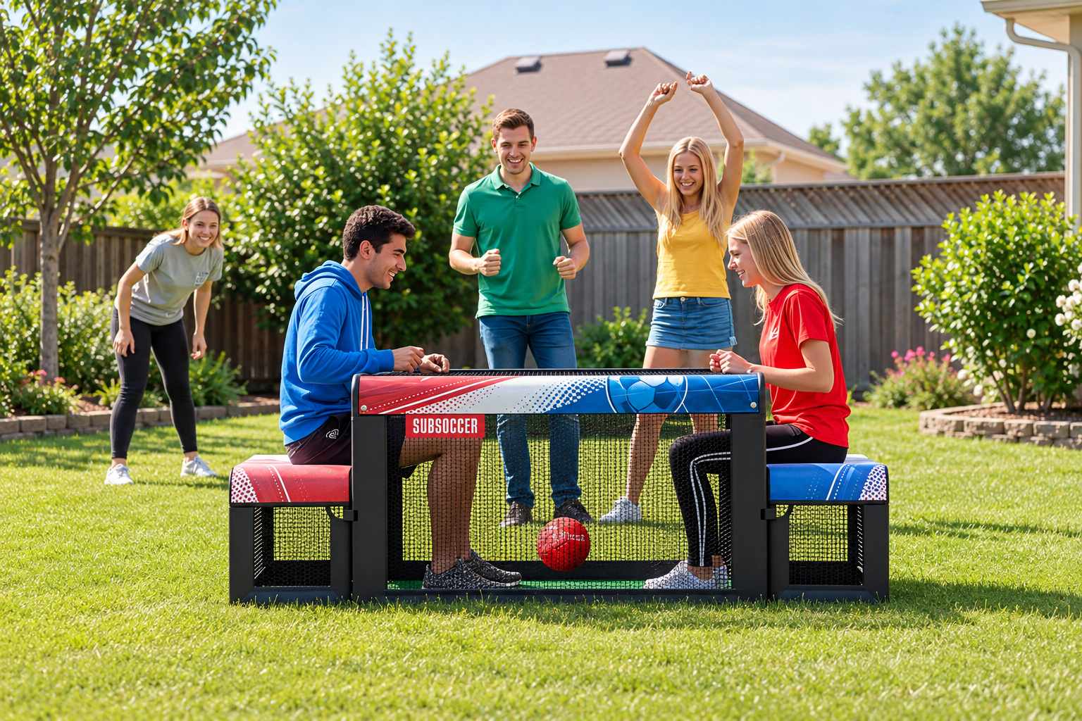 Red and blue bench soccer game with two goal benches for rent in Winnipeg