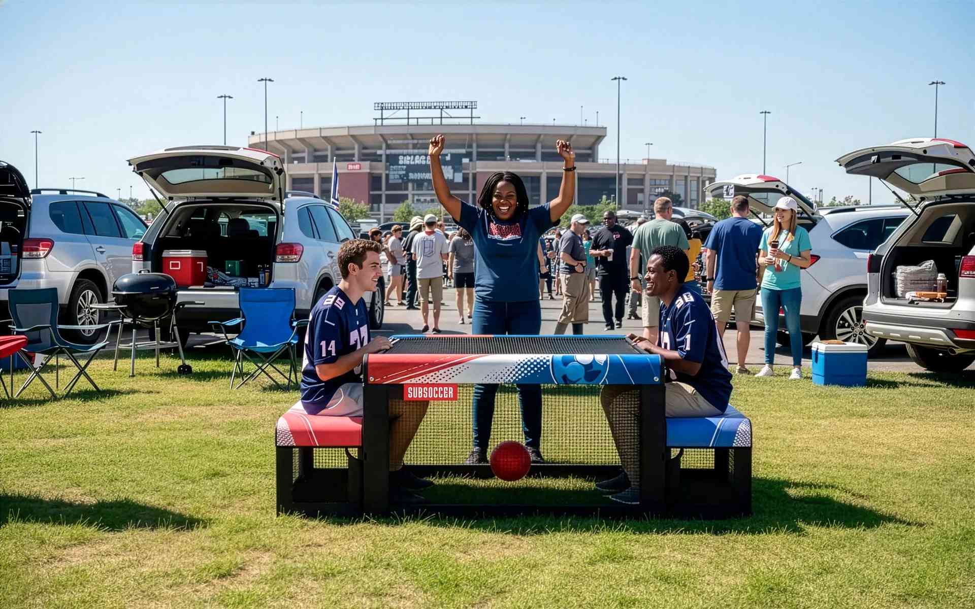 Two seated players playing bench soccer outdoors while friends watch