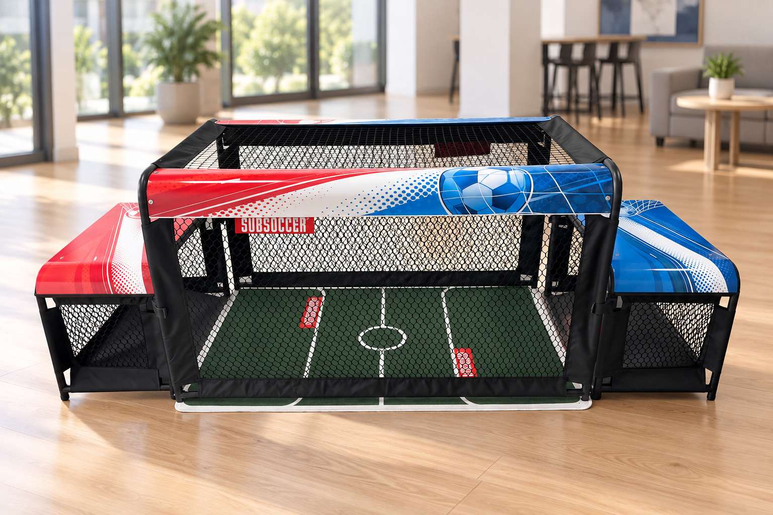 bench soccer game set up in a bright indoor recreation room