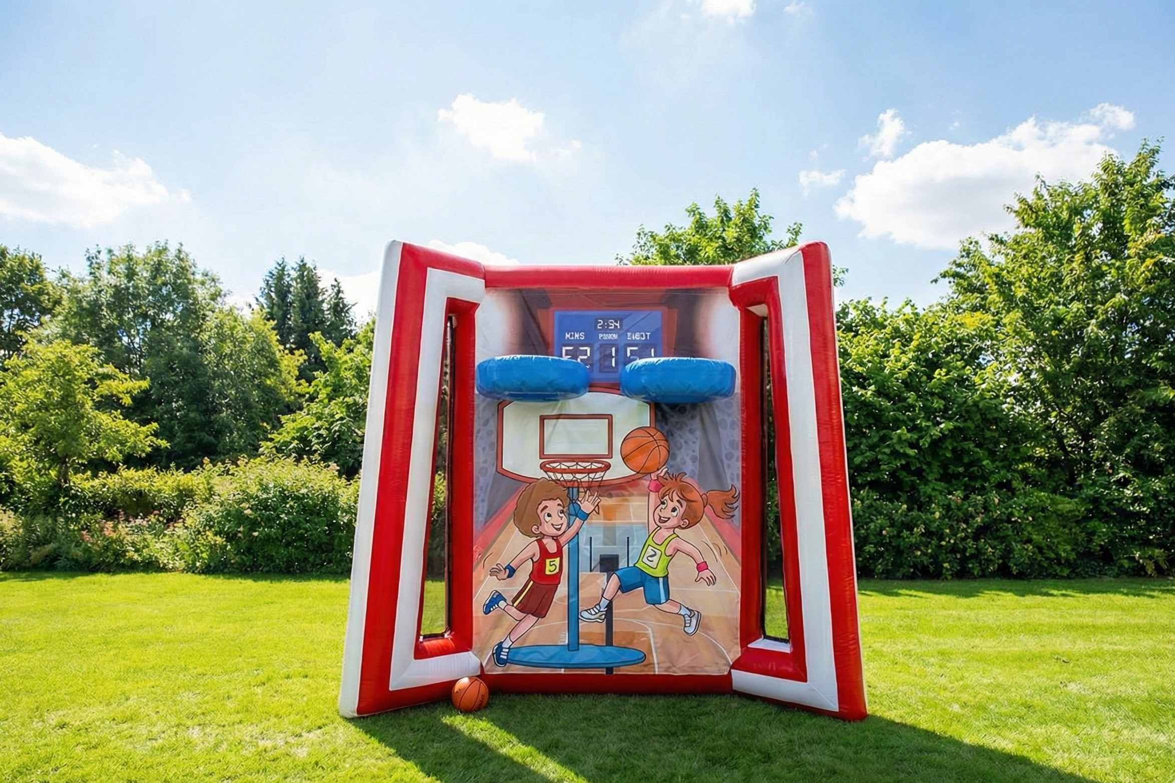Inflatable carnival games rental in Winnipeg Manitoba - basketball shootout, soccer target, axe throwing and knockdown