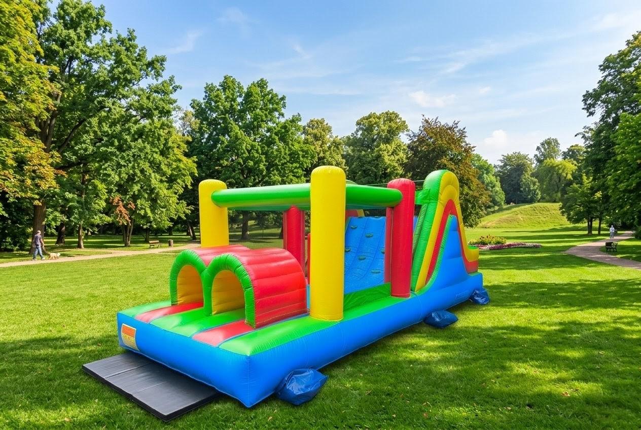 21ft obstacle course bouncer rental in Winnipeg Manitoba with slide climbing wall tunnel entrance and bounce area