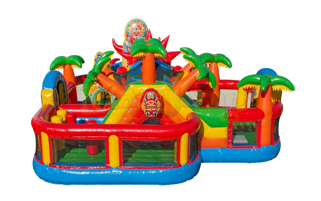 Jump Up Bouncers Tiki Island playground inflatable setup at backyard party in Manitoba