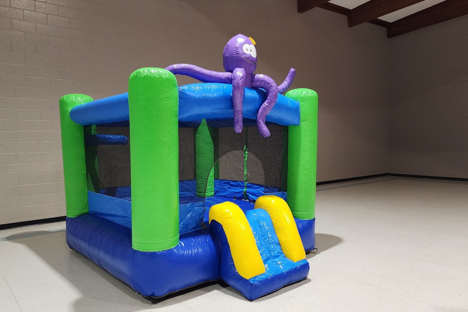 Octopus themed bounce house with slide and basketball hoop rental in Winnipeg Manitoba
